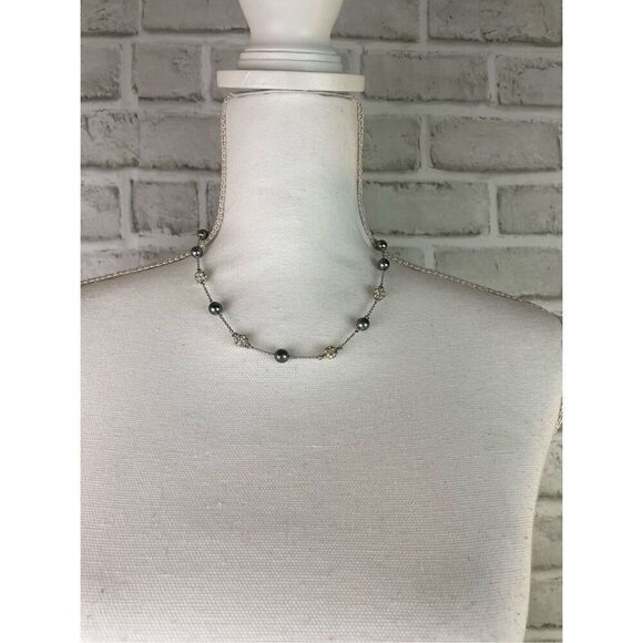 NOLAN MILLER Silver Tone Gray Faux Pearl Rhinestone Necklace 19" Classy - Picture 7 of 7